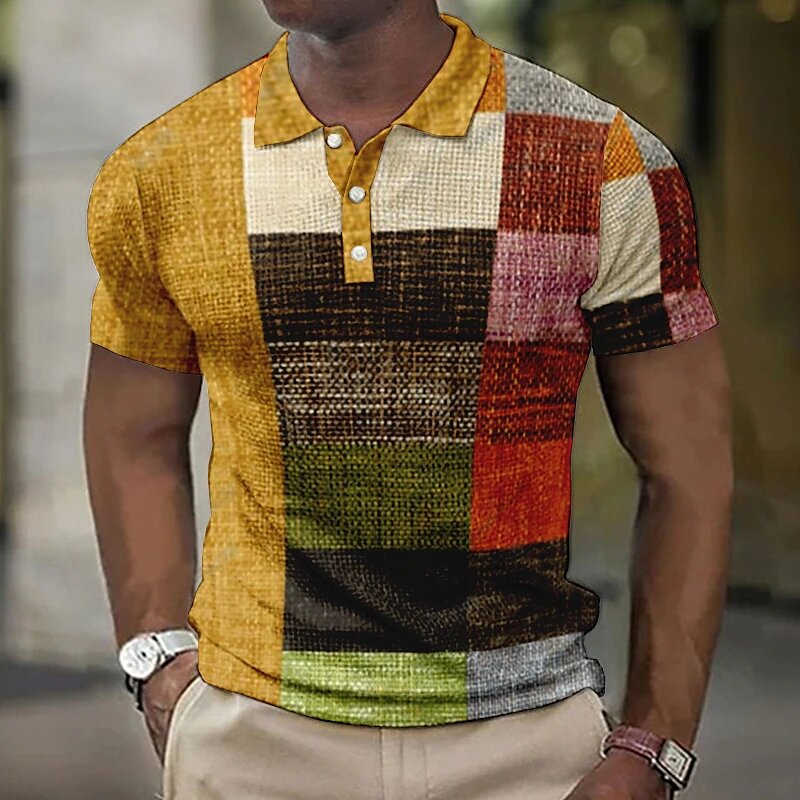 Camisa polo vintage masculina estampada em 3D, camisas casuais, tops de manga curta, camisetas grandes, blusa respirável, roupas de verão
