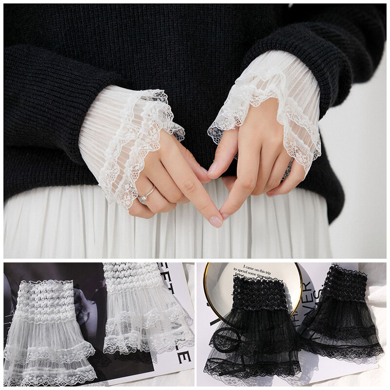 1Pair Spring Autumn Detachable Sleeve Cuffs Lace Cuffs Fake Sleeve Ruffles Elbow Sleeve Sun Protection Gloves Sweater Decorative