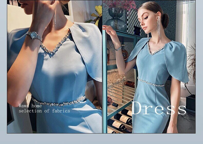 Tailor Shop Sky Blue Cape Dress ภาษาฝรั่งเศสคำ High-End เสื้อคลุม Bright เพชร V คอชุดสุภาพสตรีหญิงฤดูร้อน
