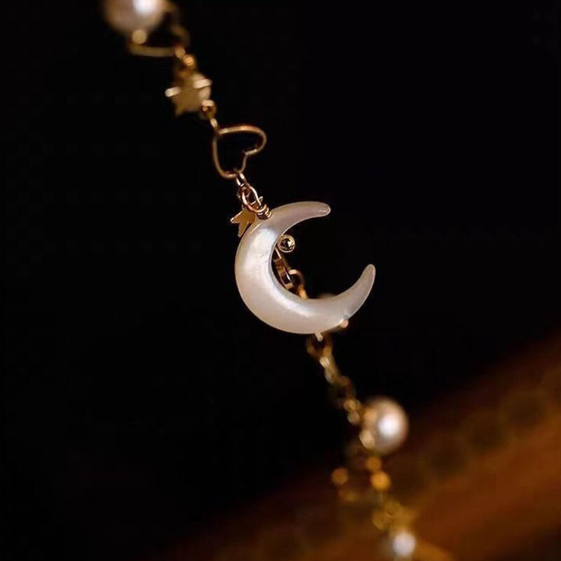 Pulsera de perlas de imitación de luna creciente para mujer, pulsera de estilo literario de amor, pulsera hueca, joyería, enviar a Bestie, regalo