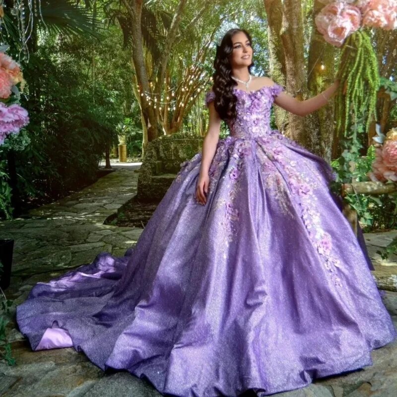 Purple Sweetheart Neck Quinceanrra Prom Dresses Charming 3D Flower Princess Long Luxury Shiny Sweet 16 Dress Vestidos