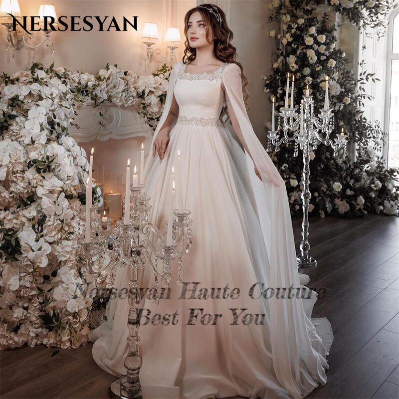 Nersesyan ชุดแต่งงานแบบเป็นทางการแขนยาวแบบวินเทจ, ชุดแต่งงานประดับลูกปัดแวววาวคอเสื้อทรงตรงชุดเจ้าสาว