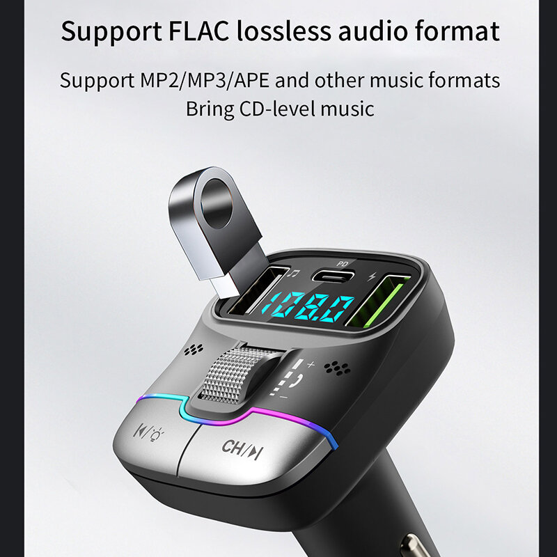Transmissor FM Bluetooth 5.4 Car MP3 Music Player, isqueiro USB Lossless, carregador de carro, carregamento rápido PD