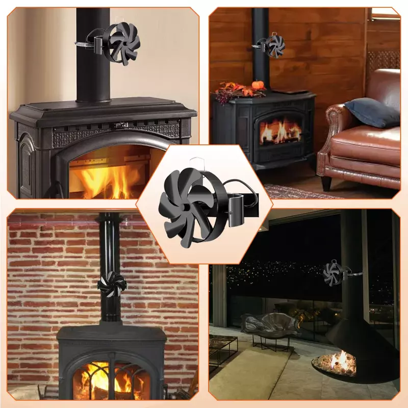7 Blades Black Fireplace Fan Multifunction Log Wood Burner Ecological Efficient Home Heat Distribution Quiet Stove Fan