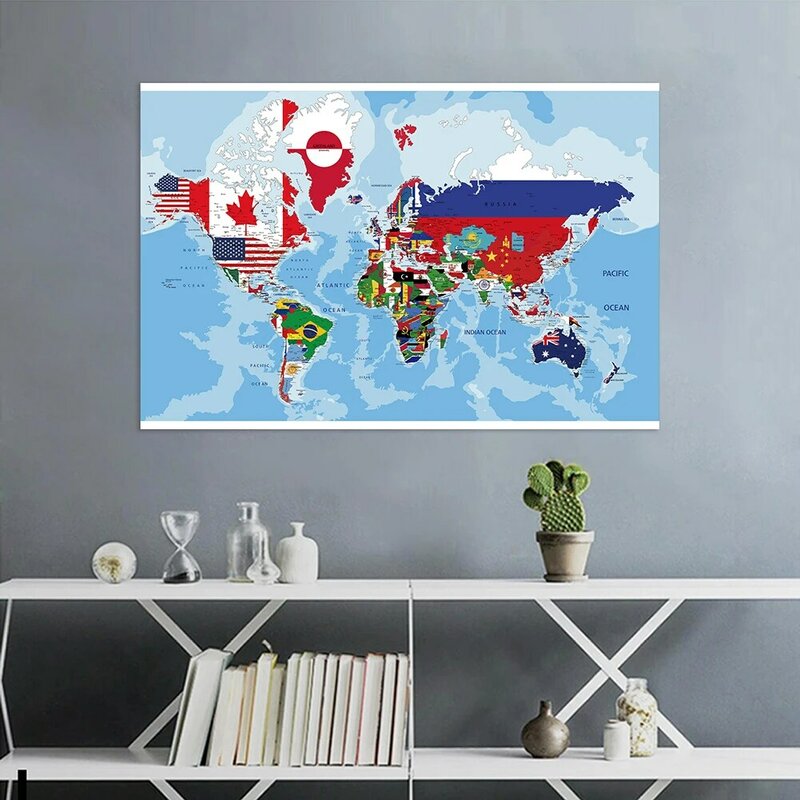 Mapa del mundo grande no tejido, 150x225cm, con banderas de países, para decoración de pared de oficina y escuela, póster de pintura