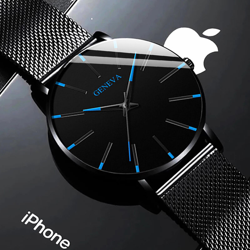 часы мужские Часы наручные мужские ультратонкие, модные минималистичные простые деловые кварцевые с сетчатым ремешком из нержавеющей стали