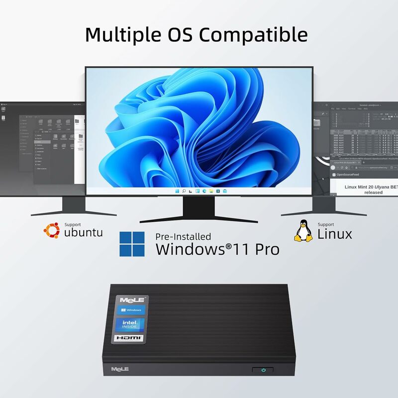 MeLE-Mini PC de bolsillo 4K, J4125 procesador Intel Celeron, Quad Core, 8GB, 128GB, Windows 11 Pro, Ordenador de juegos sin ventilador, compatible con Linux, Ubuntu