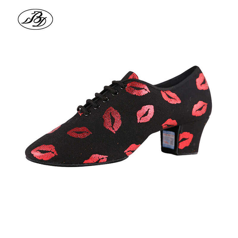 Zapatos de baile latino para mujer, calzado de lona con estampado de labios, zapatillas para entrenar, suela dividida/recta, para baile de salón