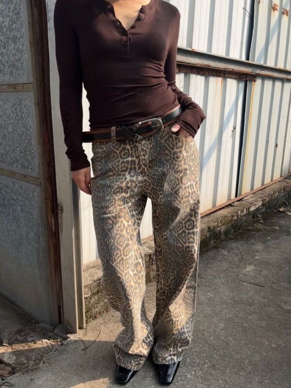 HOUZHOU-pantalones vaqueros holgados de leopardo para mujer, ropa de calle Vintage, estilo japonés, moda coreana, Harajuku, gyuu, Y2k