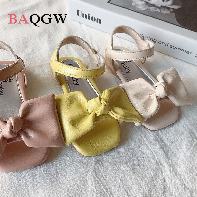 Girls Sandals Summer Girls Bow Princess Shoes Flat Sandals Children Soft Solid Color Fashion Non-slip Performance Square Shoes