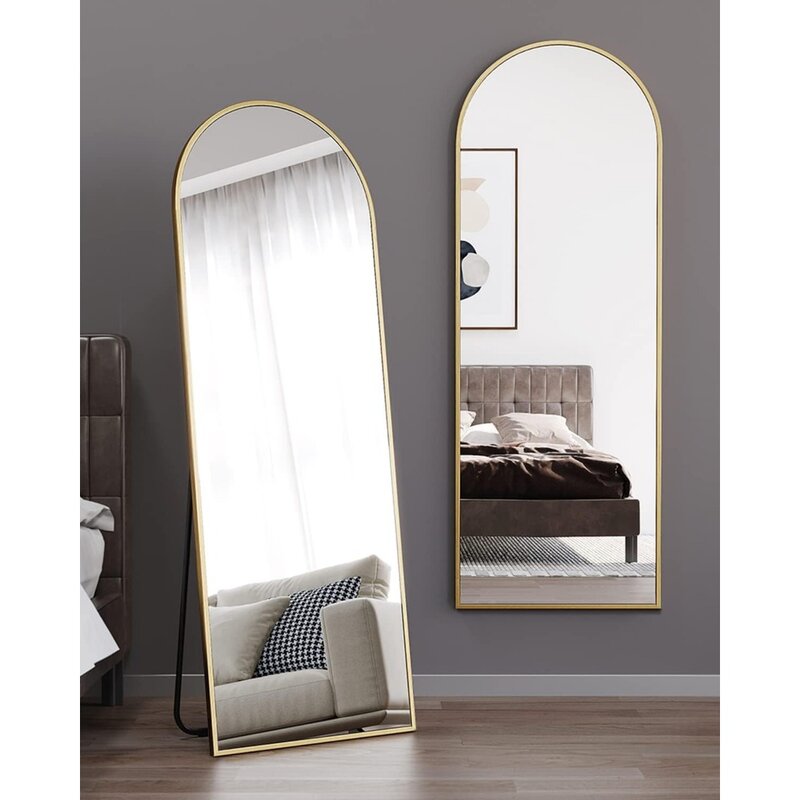 Espejo de longitud completa con soporte, espejo de pared arqueado, dorado independiente