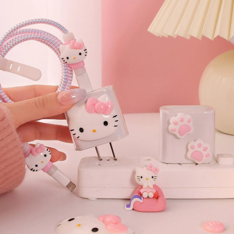 Sanrio-funda protectora para teléfono móvil, carcasa con Cable de datos antirrotura de Apple, cargador de 18/20W, cuerda de bobinado, regalo decorativo de Hello Kitty