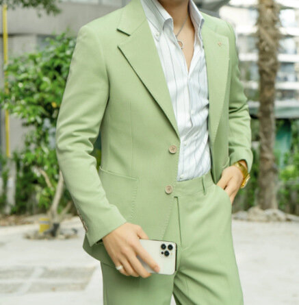 Terno verde de negócios casual masculino, linha única, um botão, vestido de noivo, festa de casamento, banquete, jaqueta, colete com calça, moda