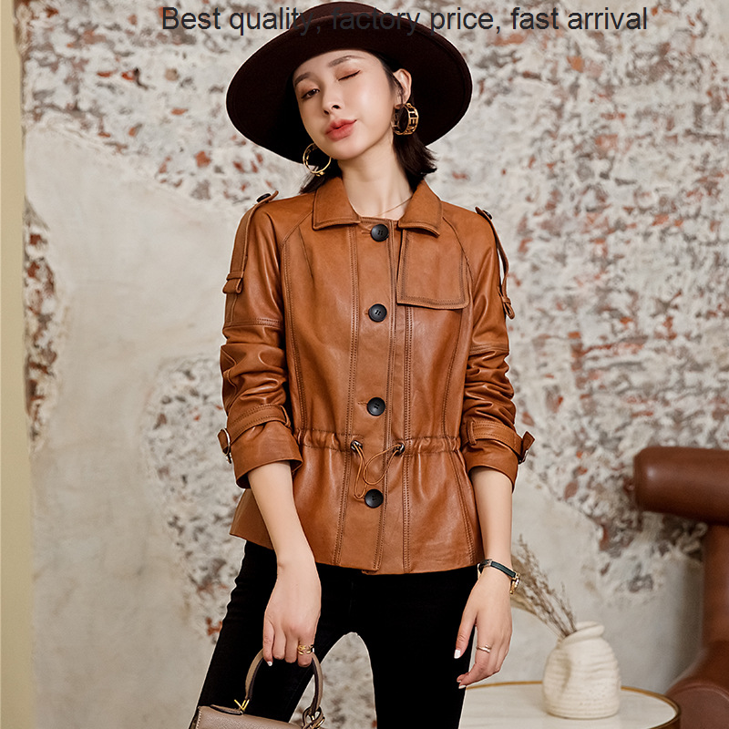 女性のための本革のジャケット,高品質のブランド,レトロな韓国スタイルのカジュアルなラペル,ウエストのシングルブレスト,本物のシープショートジャケット2023