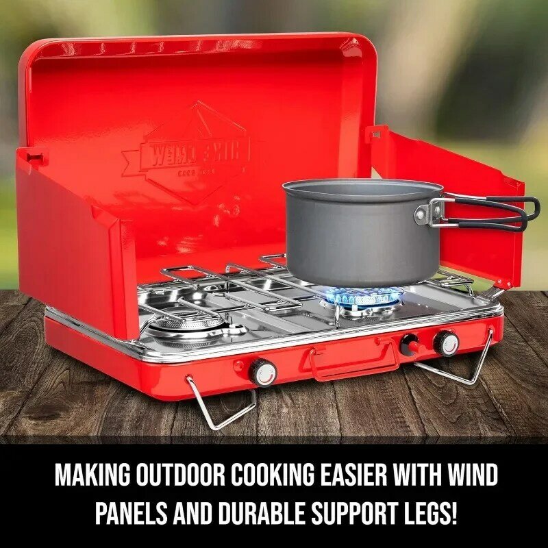 Hike Crew Gas Camping Stove | 20,000 BTU Portable Propane 2 Burner Stovetop | Integrated Igniter & Stainless Steel Drip Tray