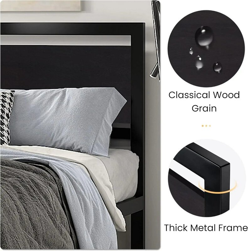 Pełny wymiar rama łóżka, nowoczesny drewniany zagłówek ciężka platforma metalowa rama łóżka rama łóżka, kwadratowa ramka podnóżek, czarny zestaw do sypialni