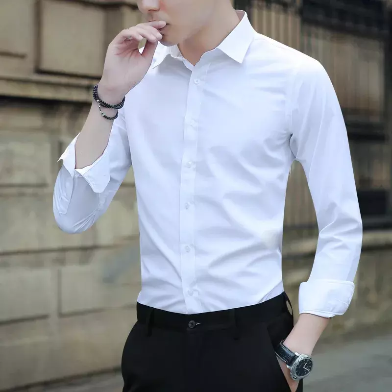 Biała koszula męska z długimi rękawami Trend elegancka typu Slim przystojny koszule do biura profesjonalna formalna solidna Plus rozmiar koszula na co dzień topy