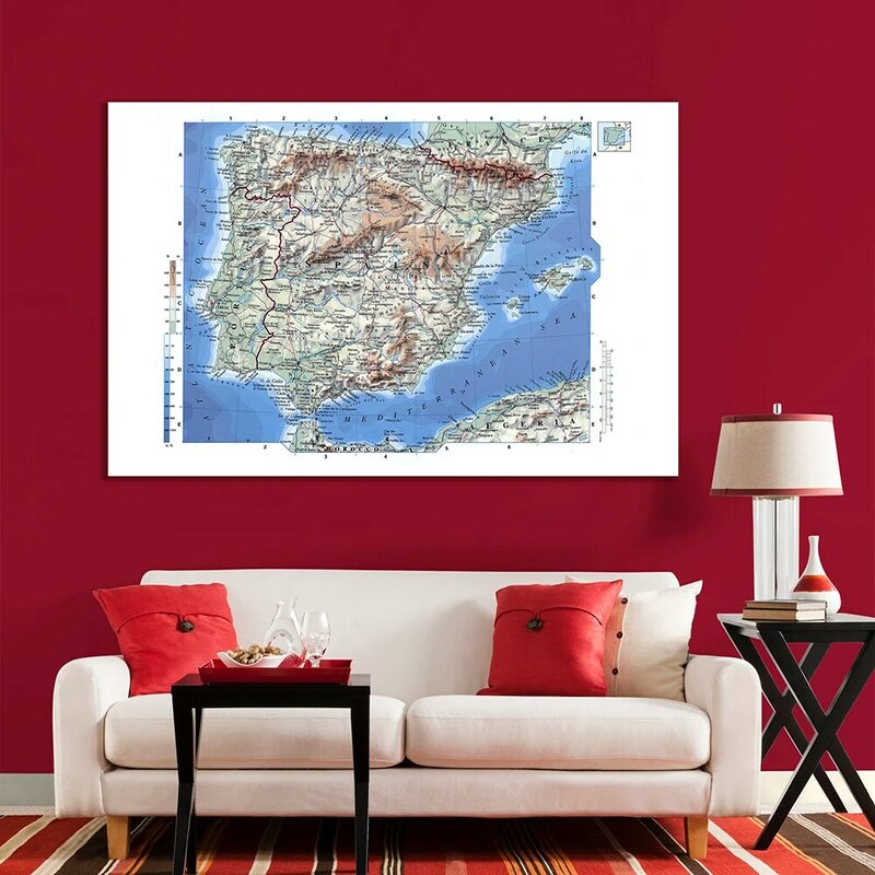 225*150cm 스페인 지형 고도지도, 스페인어 부직포 캔버스 회화 벽 아트 포스터 홈 인테리어 학교 용품