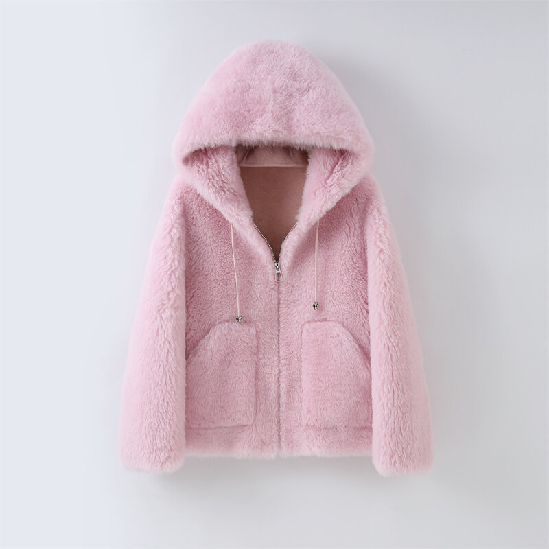 Veste courte décontractée en laine véritable pour femme avec doublure en polyester, manteau chaud d'hiver pour fille, H2386