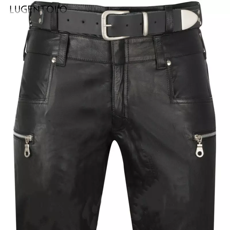 Pantalon noir en similicuir PU pour homme, fermeture éclair, décontracté, grande taille, taille moyenne, vêtements de rue droits