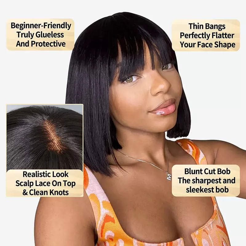 Pelucas Bob cortas y rectas con flequillo para mujeres negras, aspecto realista, cuero cabelludo falso, sin pegamento, cabello humano virgen 100% brasileño