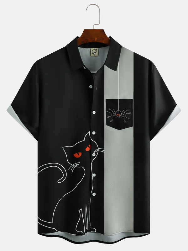 남성 할로윈 요소 고양이 프린트 캠프 칼라 스플라이싱 디자인 루즈핏 반팔 펑키 하와이안 셔츠, 남성용