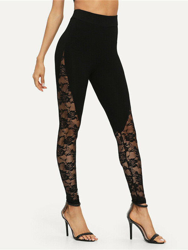 Mallas sexys de cintura alta para mujer, Leggings negros con encaje Floral, Panel lateral, S-2XL