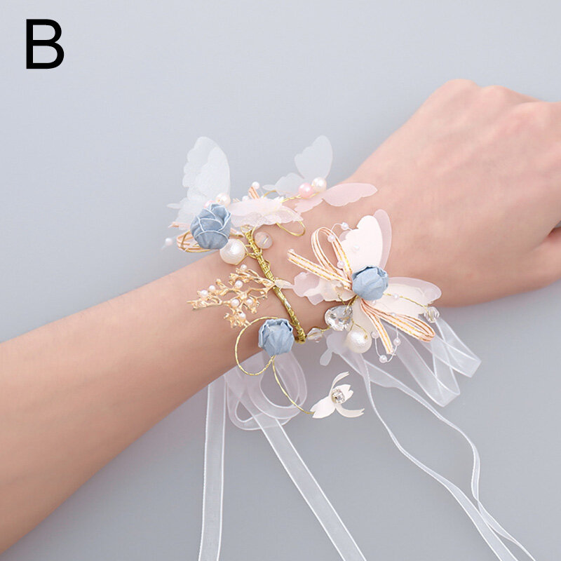 Buatan tangan bunga kupu-kupu gelang untuk pengiring pengantin mutiara kristal gadis perhiasan Corsage pernikahan indah pengantin gelang pernikahan