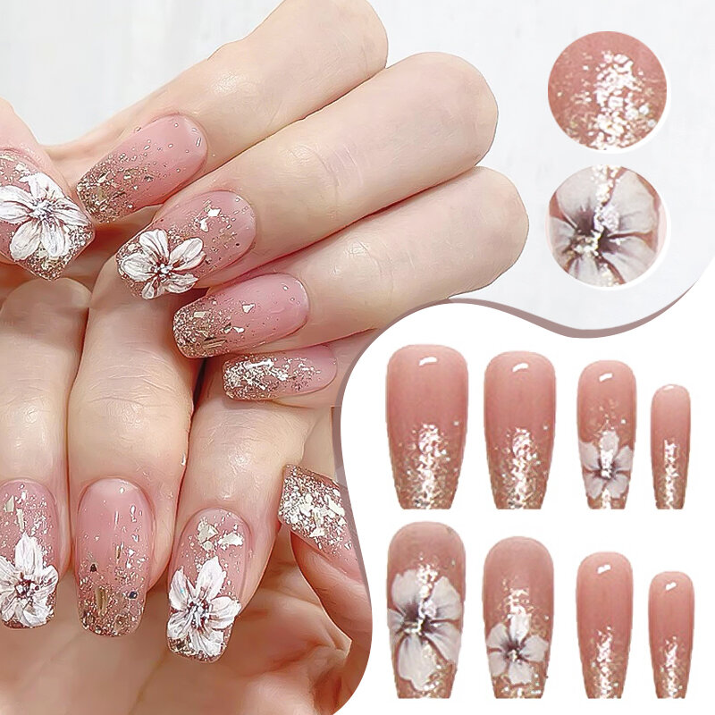 24Pcs Frozen Rose Wearable Pink Press On Fake Nails Tips With Glue False Nails Design Butterfly Lovely Girl Fałszywe paznokcie