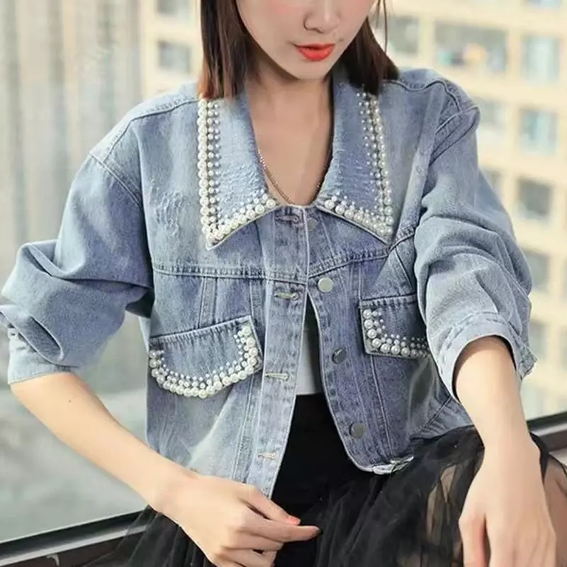 2024 süße Dekor Jeans jacke Frauen Langarm umdrehen Kragen Ernte Jacken Frau koreanische Taschen lose Mäntel weiblich