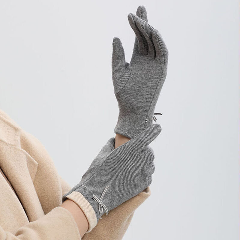 Осенне-зимние тонкие модные Элегантные Простые однотонные милые теплые женские мягкие перчатки с бантом для сенсорного экрана для вождения велосипеда ветрозащитные