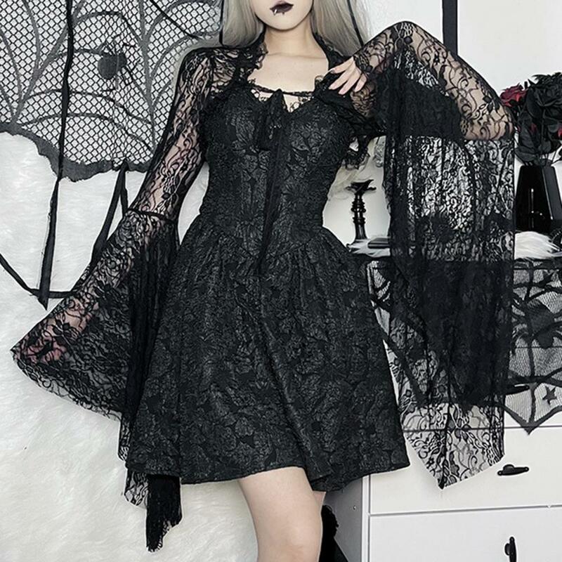 Women Lace Bell Sleeve Cardigan Elegant Vintage Black Lace T-shirt with Flared Sleeves Sexy See Through Smock Top for Women