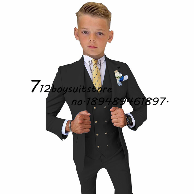 Niebieski chłopcy garnitur smoking ślubny kurtka spodnie kamizelka 3 sztuk zestaw modne 2-16 lat niestandardowe kompletne ubrania dla dzieci