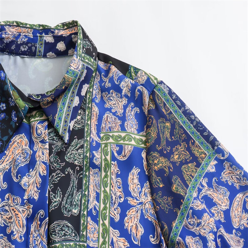 Camisa de seda satinada con estampado de retazos de un solo pecho para verano, camisa holgada informal de manga larga con solapa, Top corto 2024