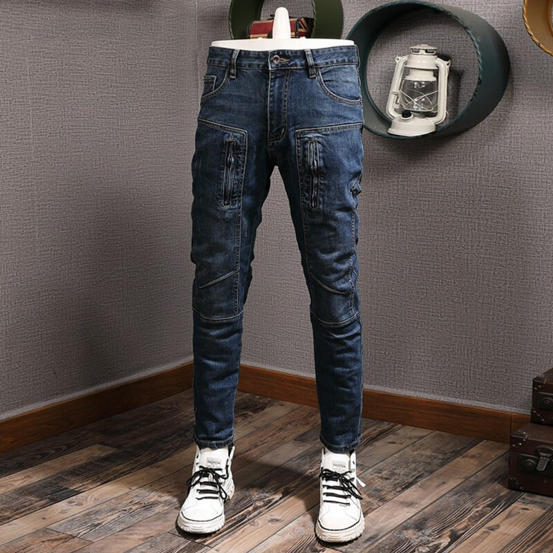 Streetwear faashion calças de brim dos homens retro azul estiramento fino ajuste emendado biker jeans homme zíper designer hip hop rasgado calças hombre
