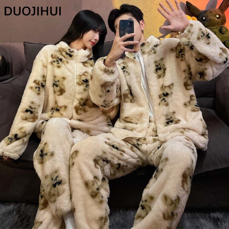 Duojihui-女性のためのクラシックなスペルカラーパジャマセット、ベーシックジッパー、カップルカーディガン、ゆったりパンツ、厚い暖かい女性のパジャマ、冬