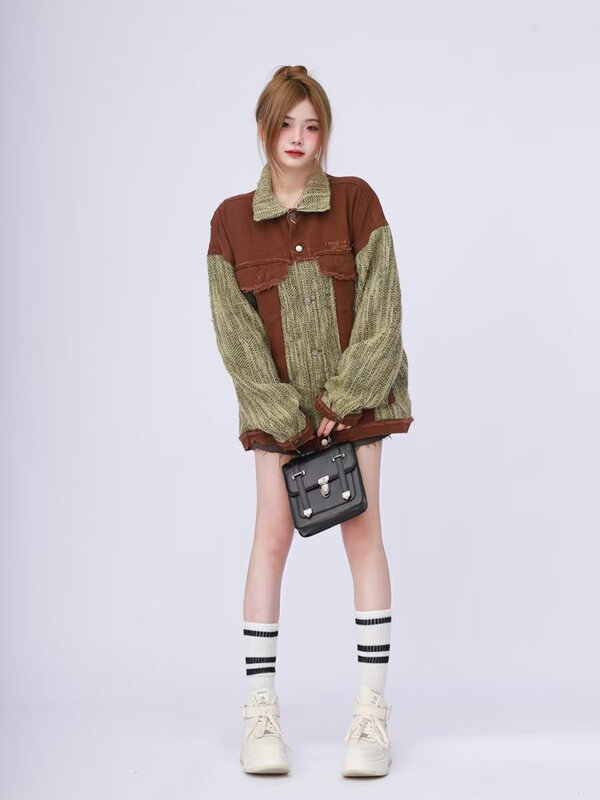 Patchwork Jacken Kontrast farbe Harajuku Streetwear japanischen Stil Baggy stilvolle Temperament Retro Schulmädchen täglich wind dicht