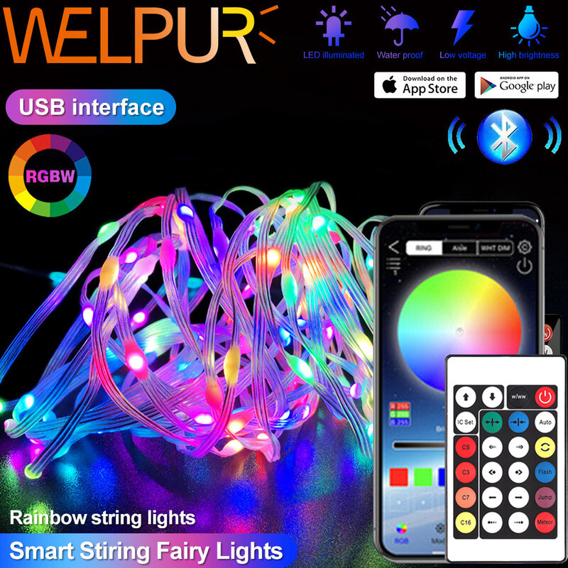 LED 스트링 라이트 스마트 블루투스 앱 제어 화환 방수 야외 요정 조명, 크리스마스 휴일 파티 생일 장식