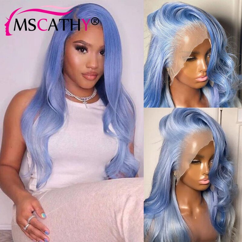 Mscathy-peruca brasileira virgem de cabelo humano para mulheres, perucas transparentes do laço, peruca frontal do laço HD, lago azul, onda do corpo, parte T, 13x4