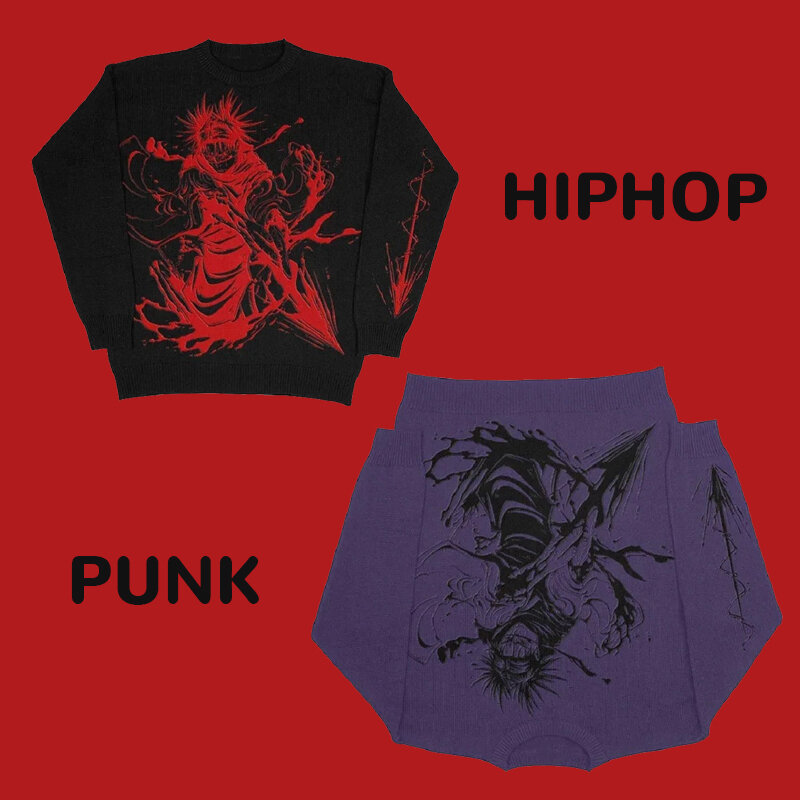 Наряд в стиле хип-хоп, мужской новый уличный Готический шерстяной ретро-пуловер, свитер, Женский вязаный свитер Y2K в стиле Харадзюку, в стиле панк, на весну