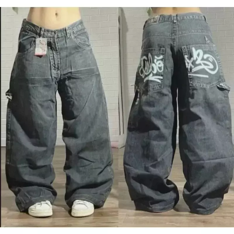 2024 baru longgar Jeans Vintage Harajuku dicuci Jeans Y2K Amerika jalan Gotik wanita pinggang tinggi lurus kaki lebar celana