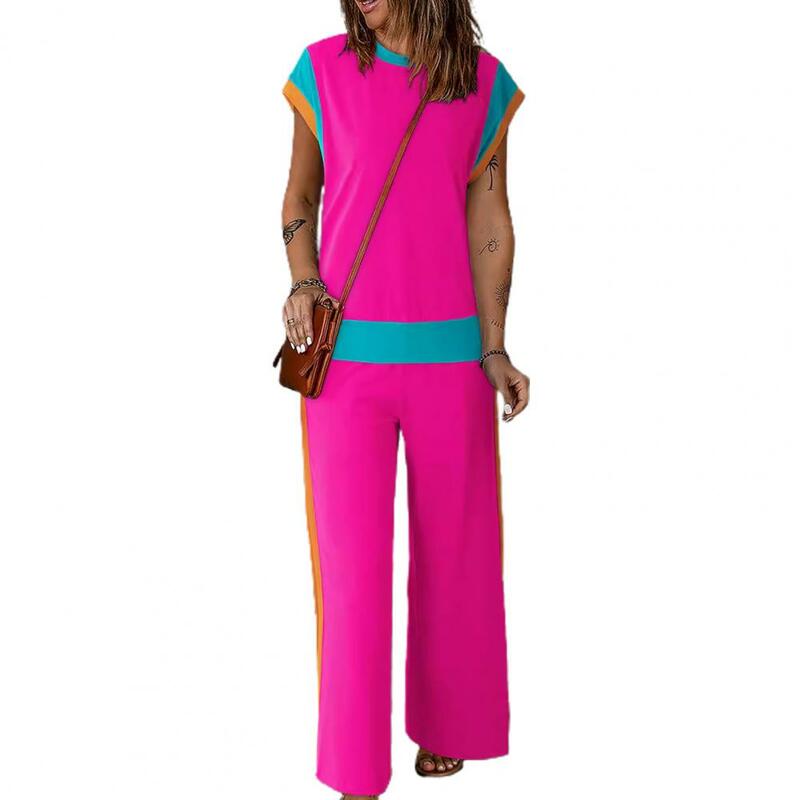 Damen farb blockiertes Anzug-Set Damen-Top-Hose mit weitem Bein für Outfit Loose-O-Neck-T-Shirt mit farblich abgestimmten Hosen sportlich