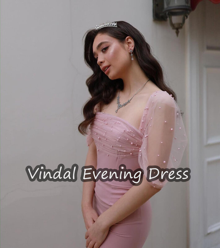 Vindal  V-neck  Evening Dresses Ruffle Tea Length ChiffonStrapless Elegant Built-in Bra Saudi Arabia Long Sleeves For Woman 2024