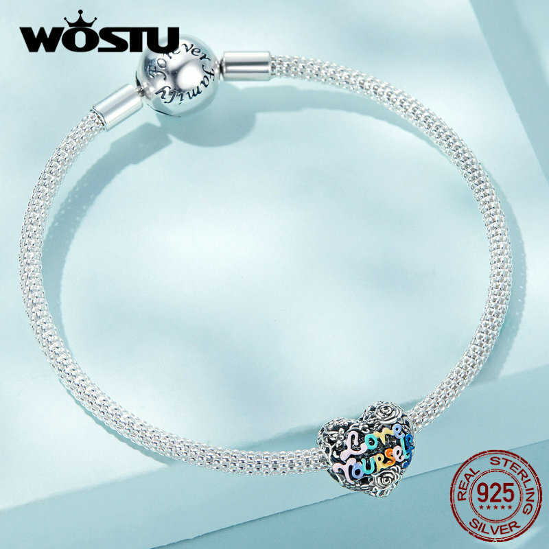 WOSTU-colgante de Plata de Ley 925 con forma de corazón, abalorio de arcoíris, Calavera, compatible con pulsera, collar, regalo artesanal, fabricación de joyas