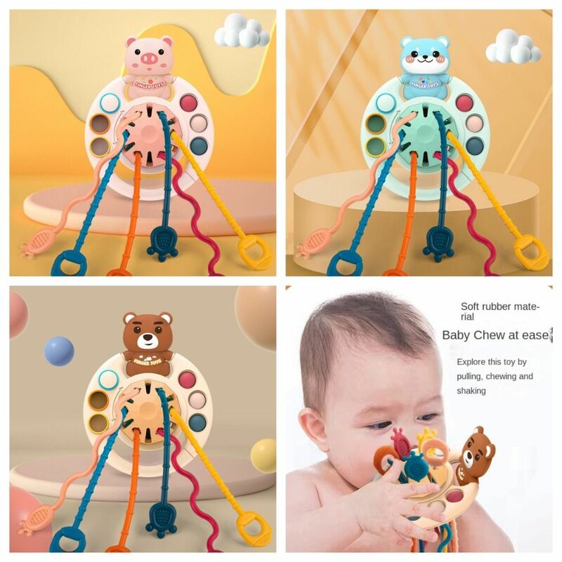 Juguetes sensoriales de cuerda Montessori, oso de cuerda de tracción de silicona 3 en 1, desarrollo de la dentición, juguete de aprendizaje de agarre de dedo