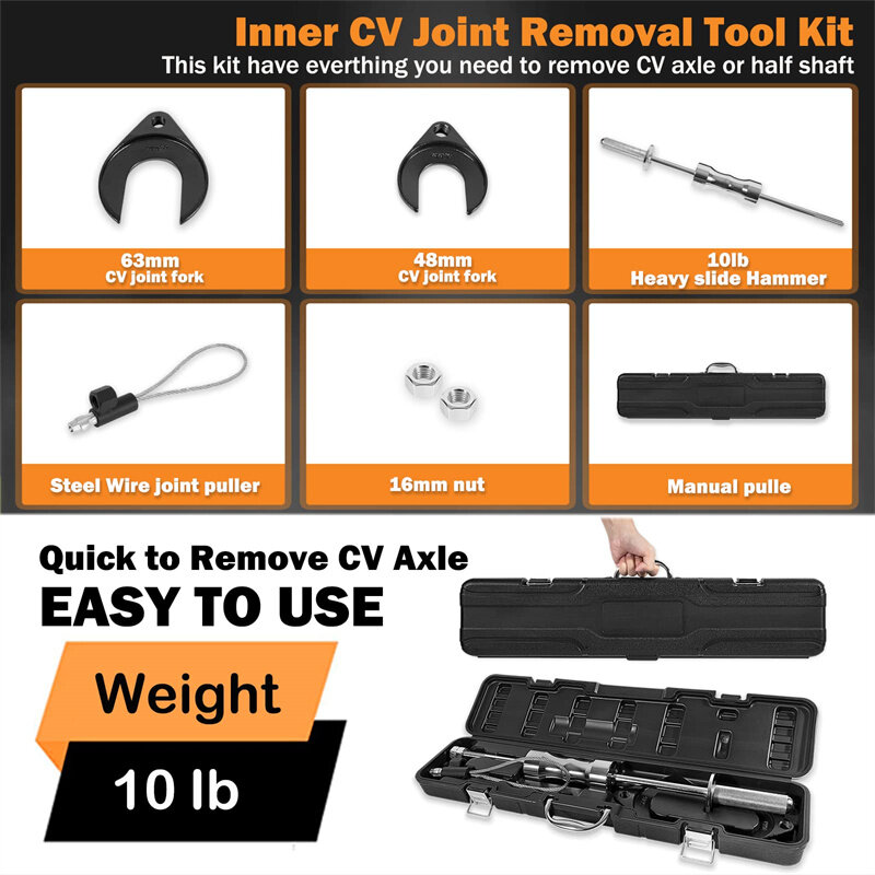 Inner CV Joint Puller Slide Hammer Front Wheel Drive Axle Half Shaft Removal Tool Kit Heavy Duty 10 Pounds Slide Hammer48 63mm