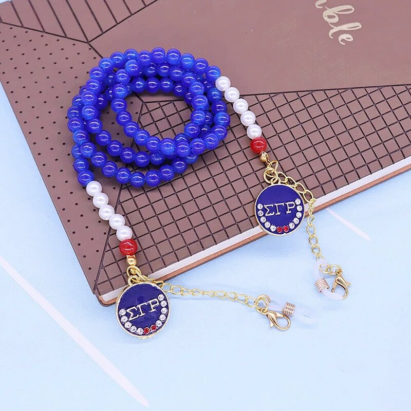 Drop Sale Blue Glass Beads Greek Letters SGRHO Symbols Social Sigma Gamma Rho Lanyard Mask Chains Glasses Chain For Women