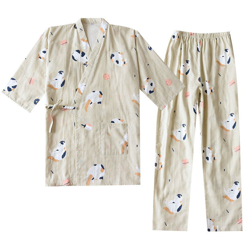 2PCS Japanese Lover Clothing Set Kawaii Cat Printed Kimono Yukata Steaming Wear Pajamas Man Woman Bathrobe Nightgown Japan