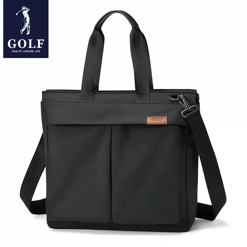 ゴルフビジネスブリーフケース男性用大容量オフィスバッグ、ハンドル付きレザーハンドバッグ、メッセンジャーショルダーバッグ、15インチラップトップ、ブラック