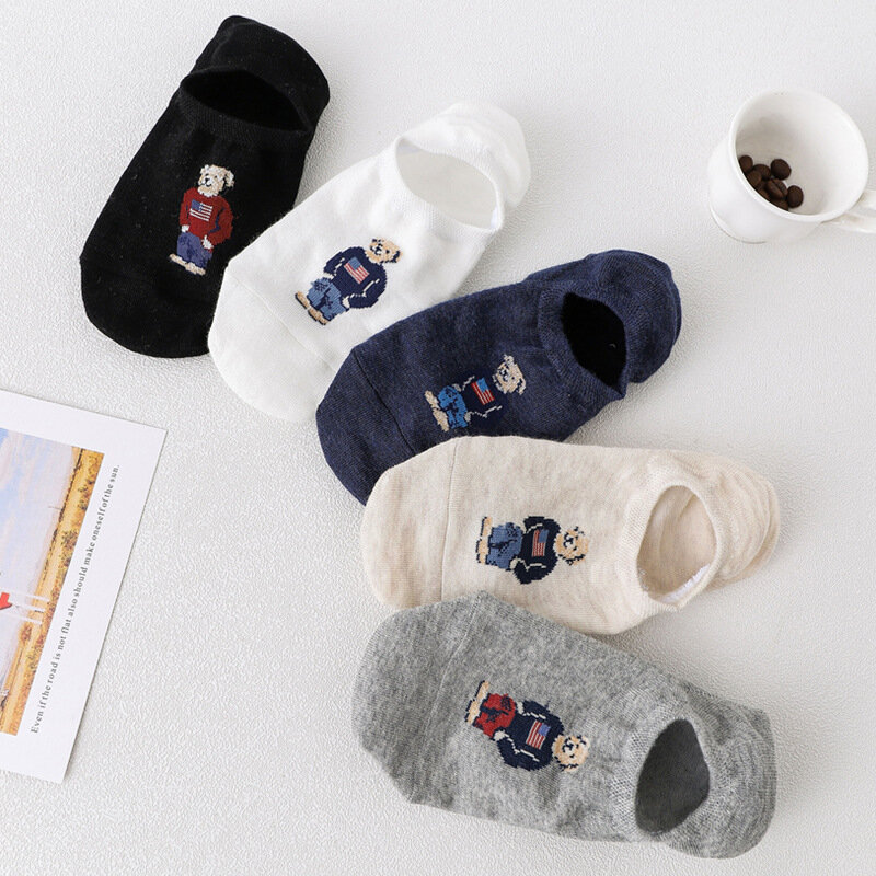 5pair/lot Fashion Men's Boat Socks Cartoon Bear Xia Qiu Non slip Invisible Silicone Cotton Ankle Slippers Socks Retro